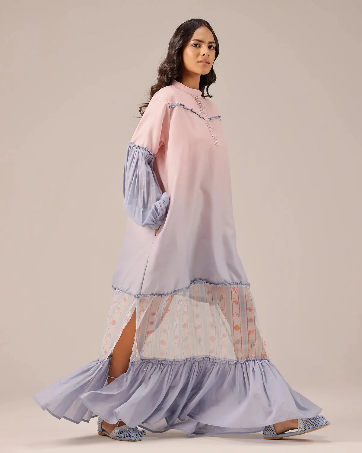 Our Dve Palm Whisper tunica lino rosa-blu collo mandarino