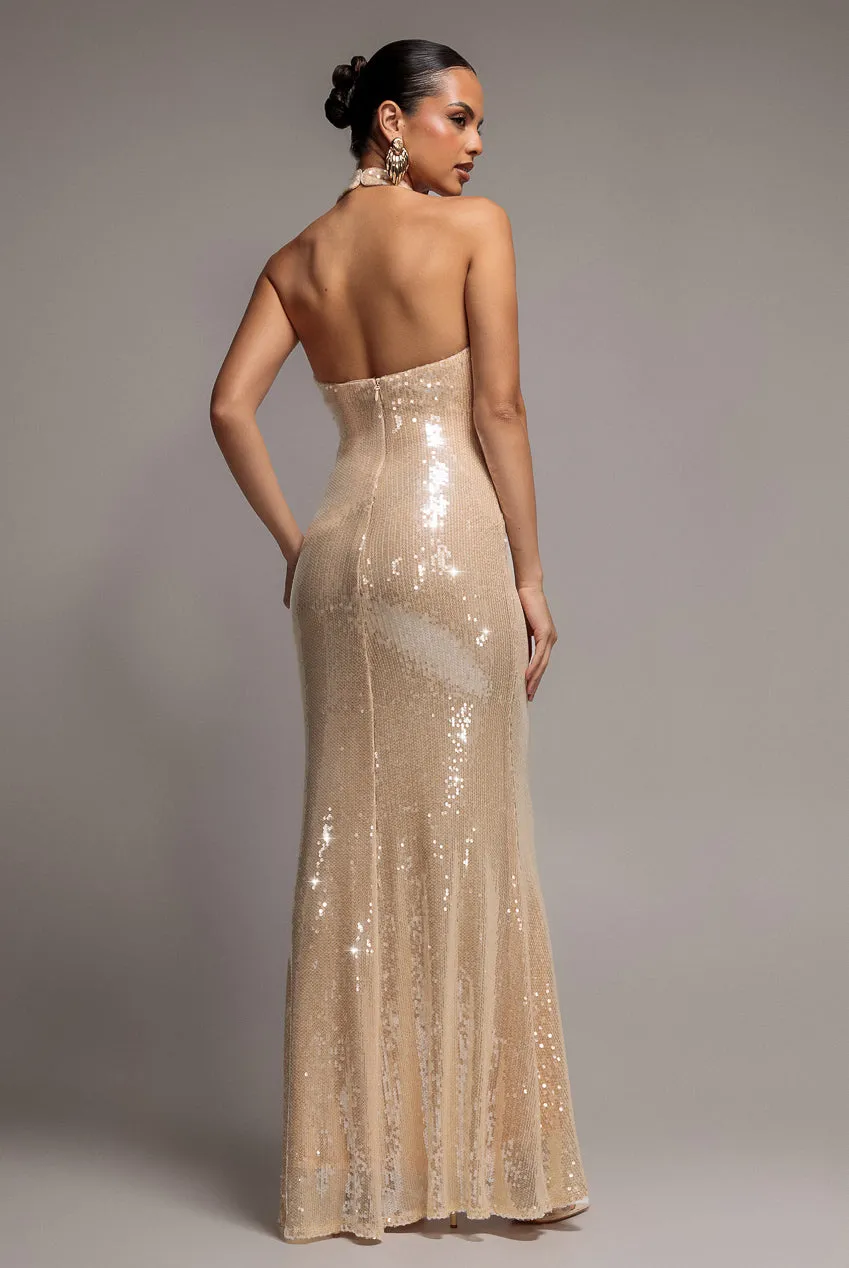 Goddiva Sequin Open Back Halter Neck Maxi Dress abito nude