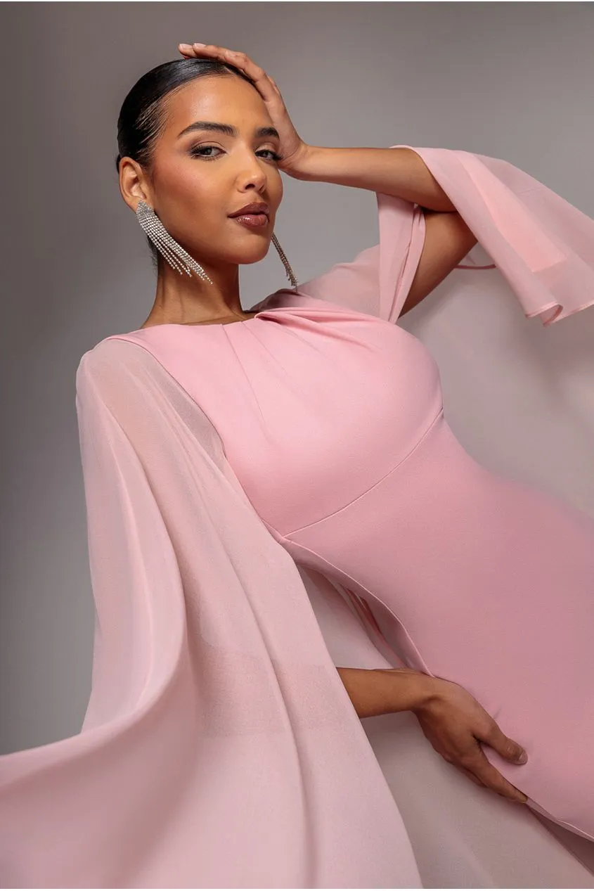 Goddiva Cape Sleeve abito maxi blush scuba chiffon