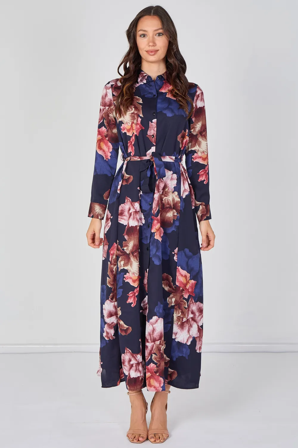 Love Sunshine Navy Iris abito camicia maxi blu navy floreale