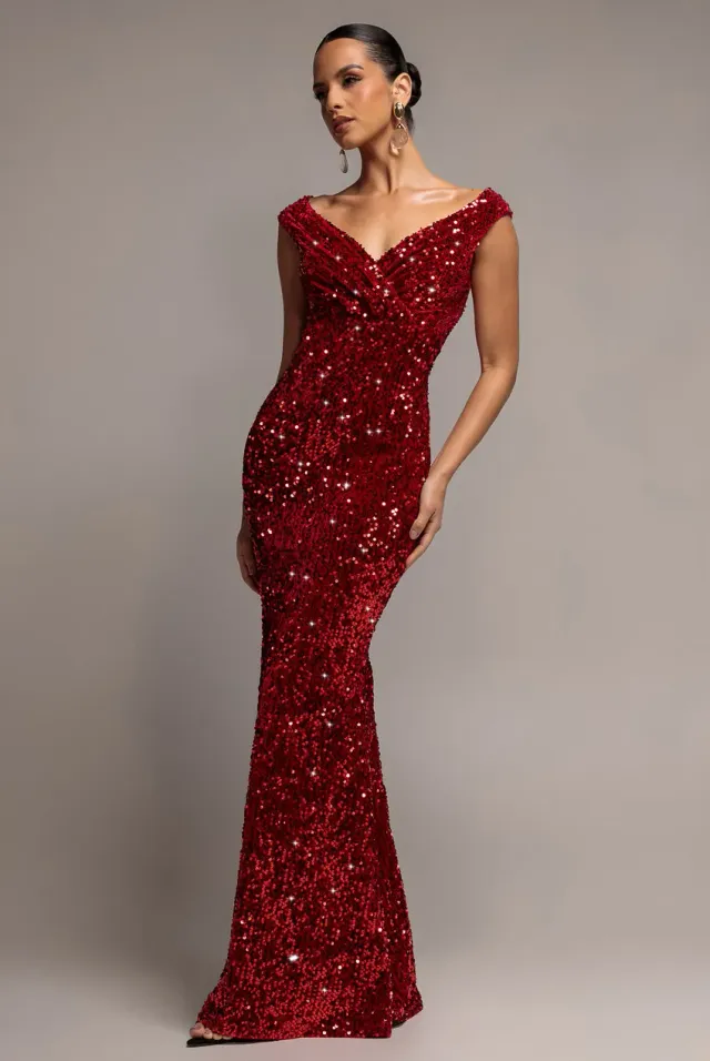 Goddiva Sequin Velvet Abito Rosso 12 lungo a sirena