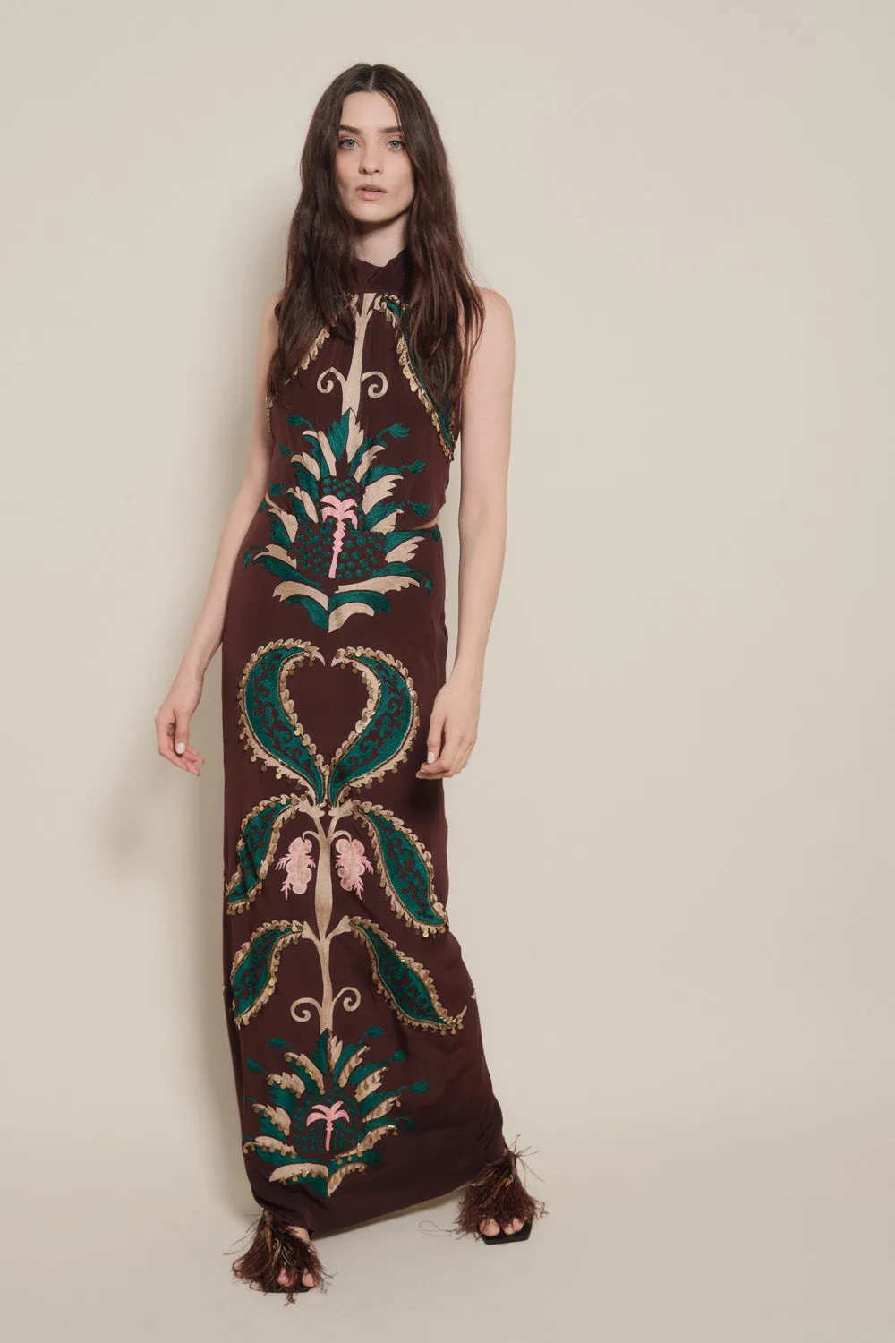 Johanna Ortiz Promised Land abito seta cioccolato verde