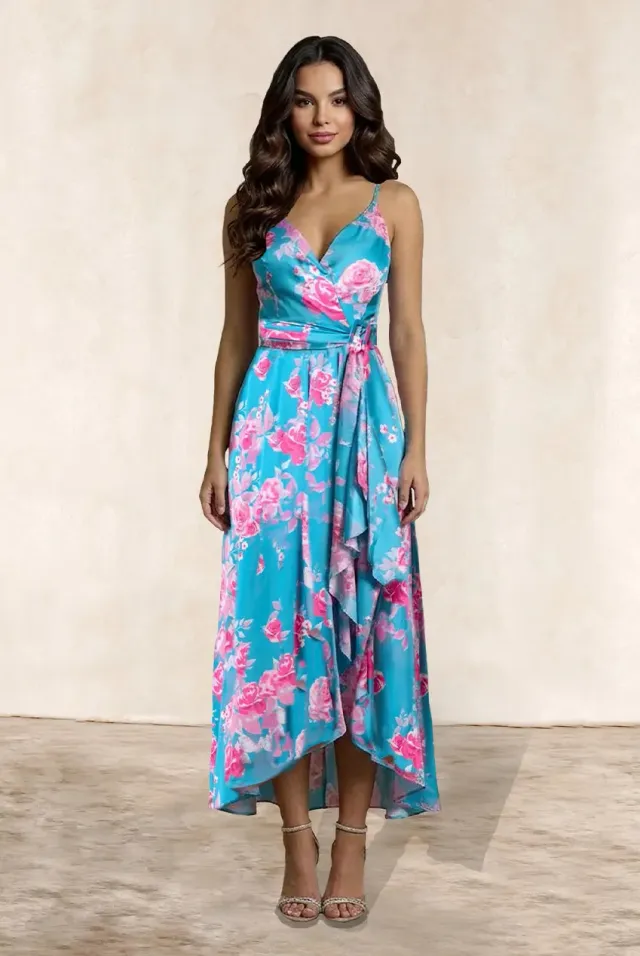 Chi Chi London abito midi floreale verde satin incrociato