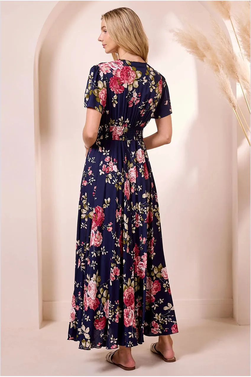 Angeleye Ruched Waist abito maxi navy fiori leggero