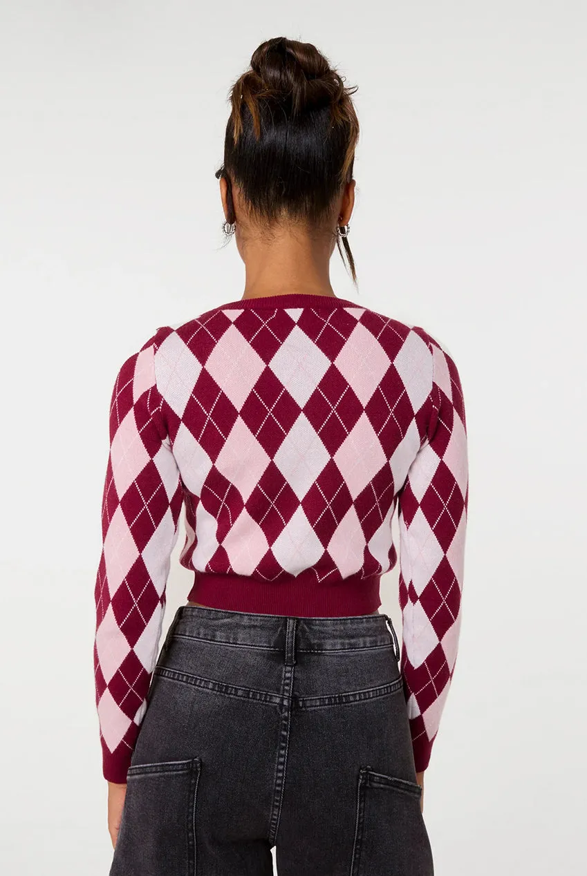 Pink Vanilla Argyle Diamond Check maglione vino cropped