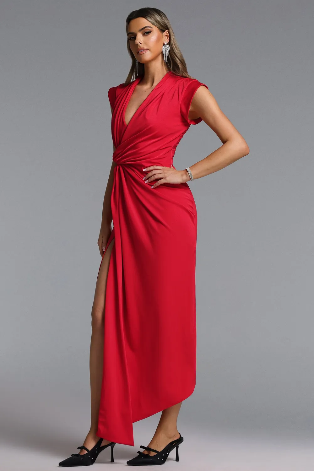 Bella Barnett Elin Abito Maxi Rosso Scollo V Spacco