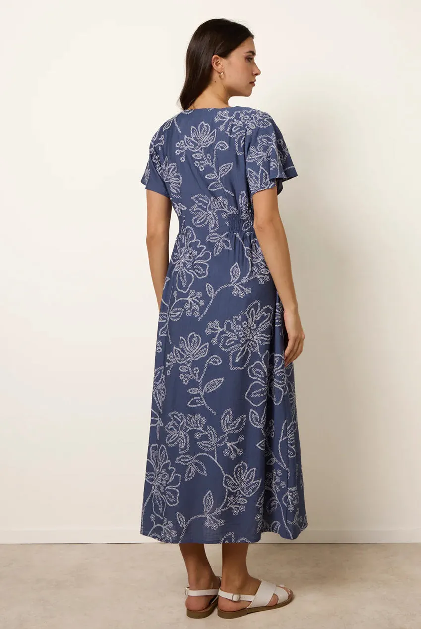 Blue Vanilla abito midi denim blu maniche volant