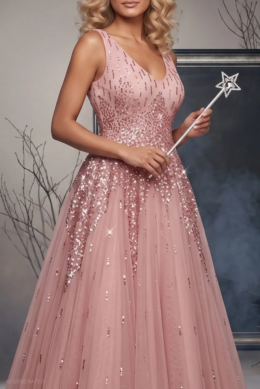 Goddiva Glinda abito maxi paillettes rosa blush