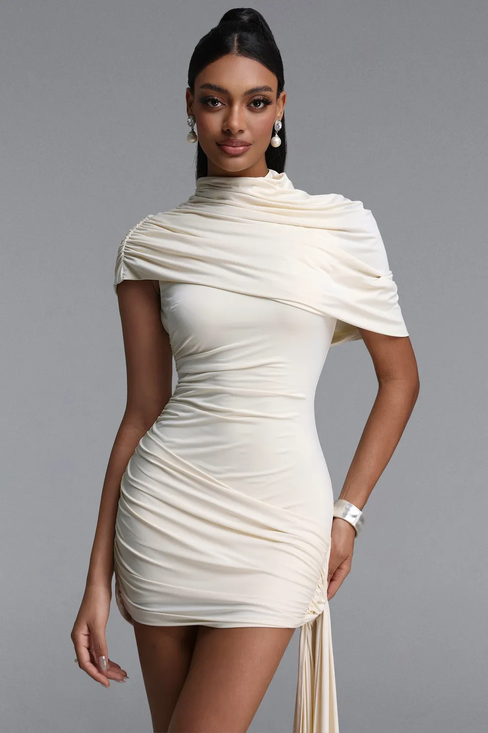 Goddiva Bella Barnett Nettie abito mini beige S drappeggiato