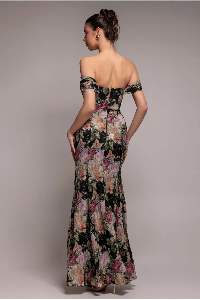 Goddiva Cowl Neck abito maxi jacquard floreale nero