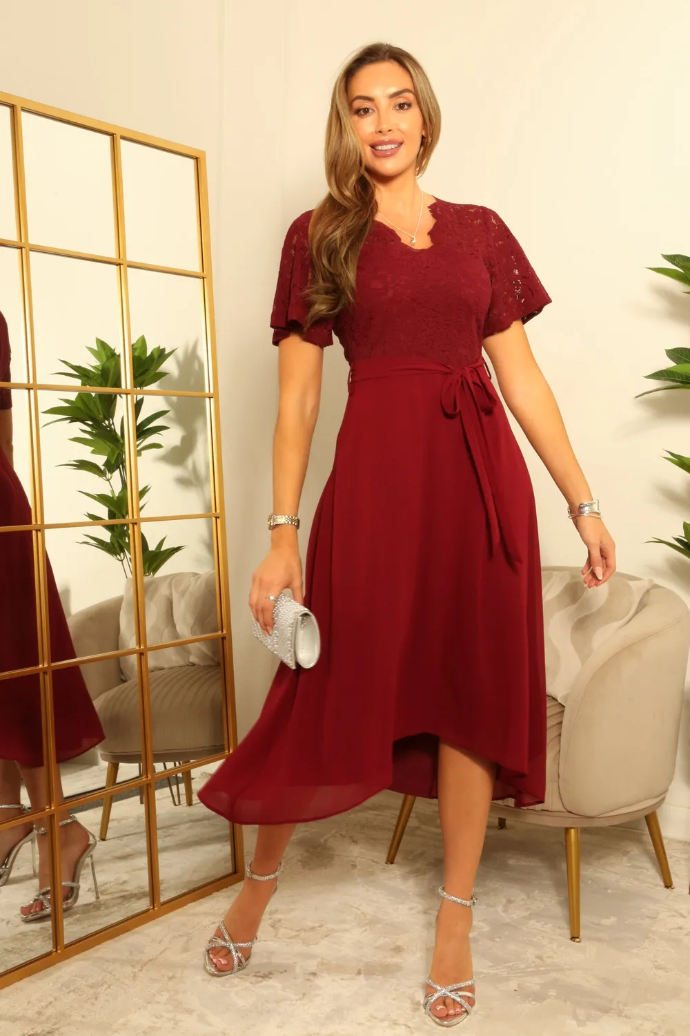 Double Second Lace Wrap abito rosso pizzo midi