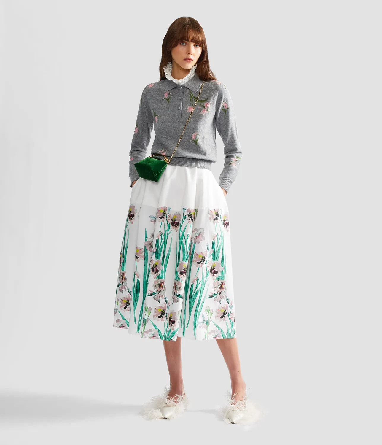 Erdem Merino maglione polo fiori grigio XS-XL