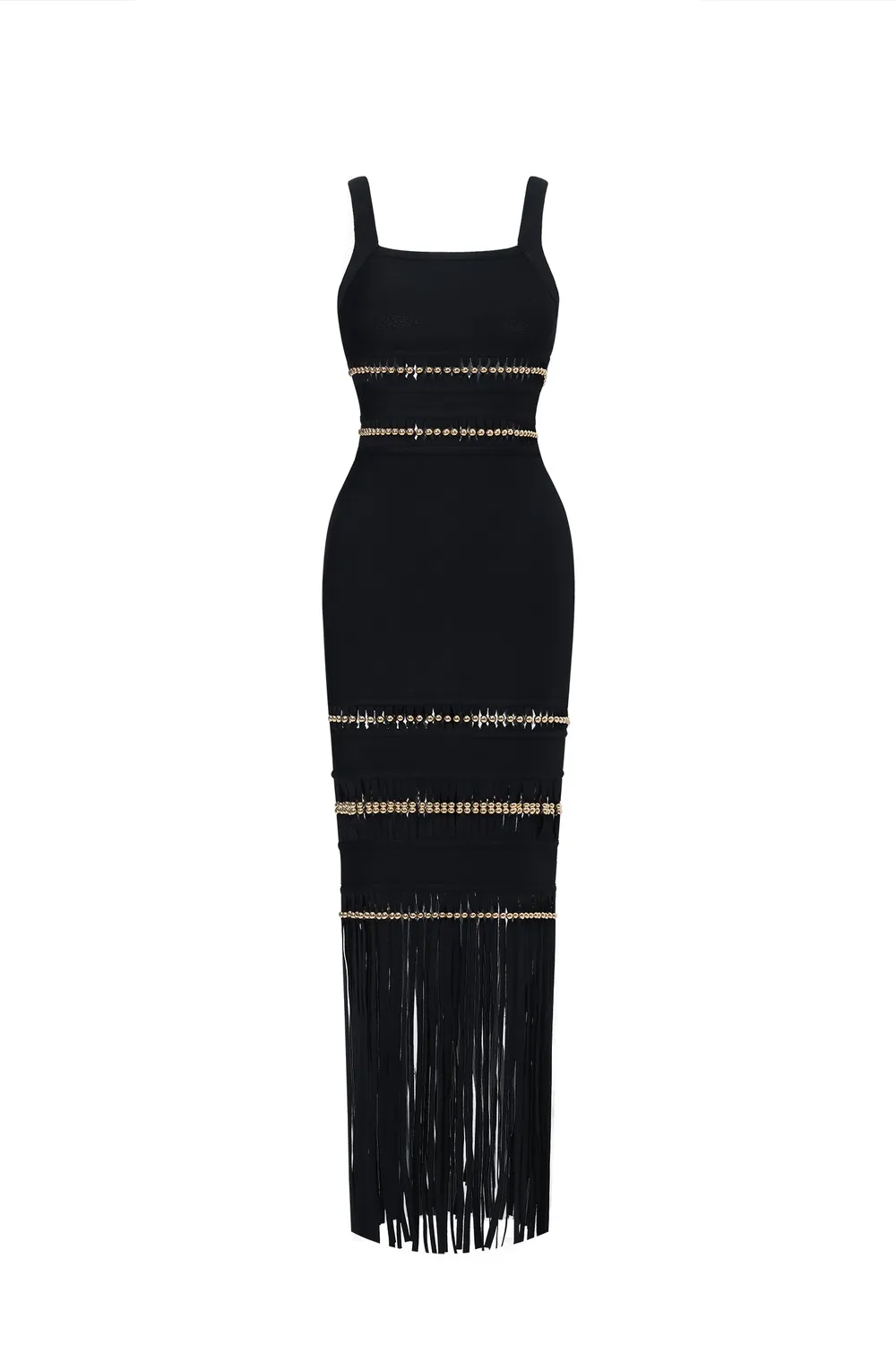 Goddiva Bella Barnett Shanley abito lungo nero L con frange