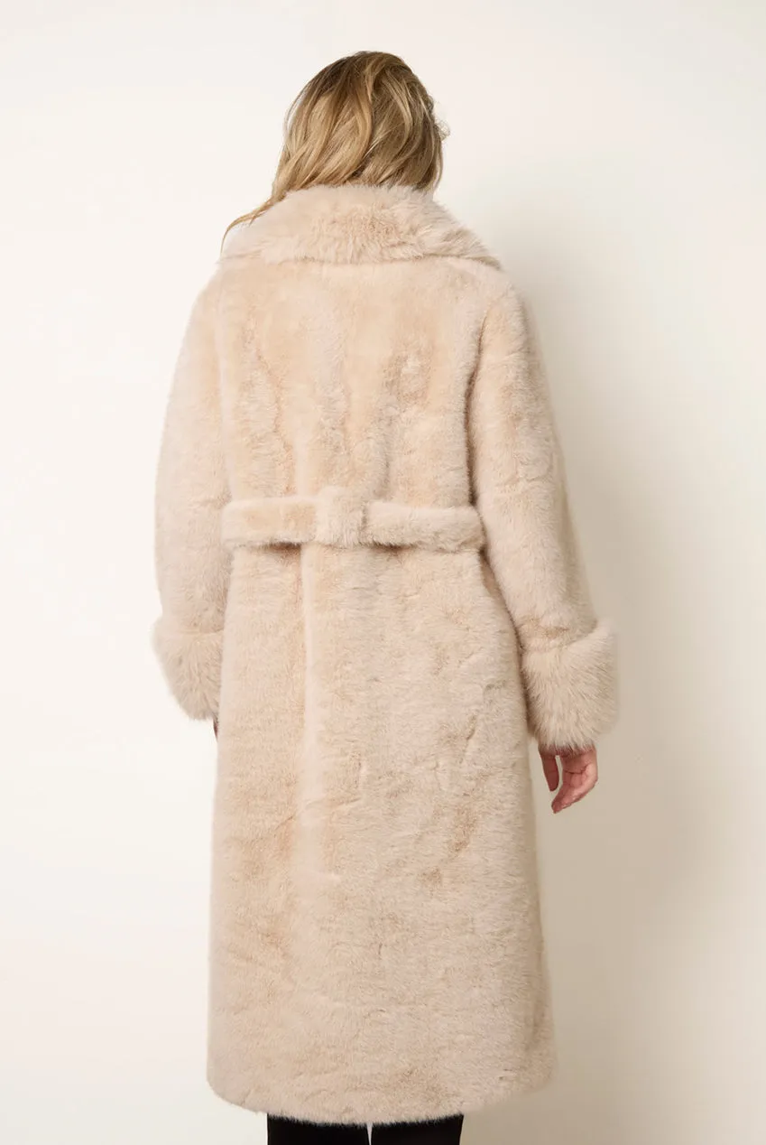 Blue Vanilla Plush Faux Fur cappotto beige midi con cintura