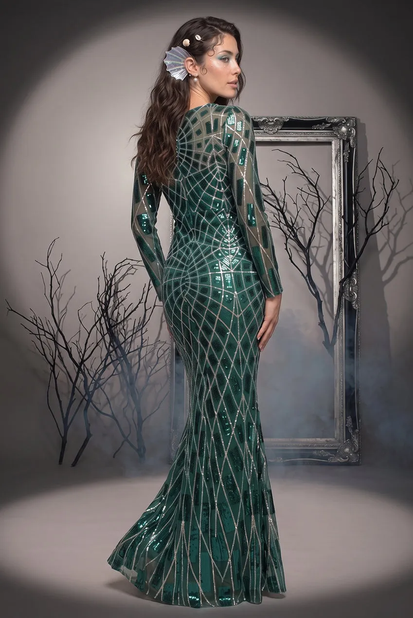 Goddiva Sirena abito maxi smeraldo paillettes
