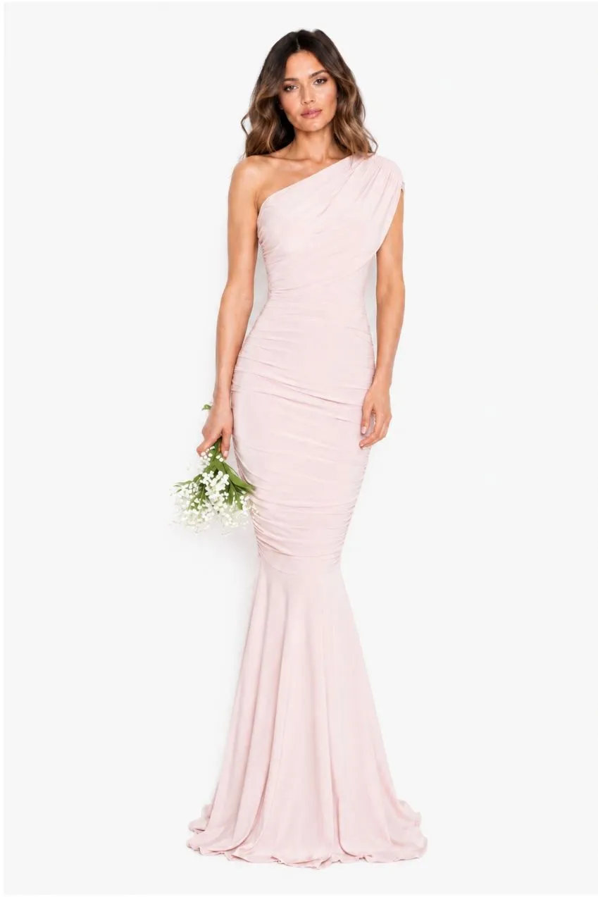 Honor Gold Alice abito maxi monospalla rosa blush aderente