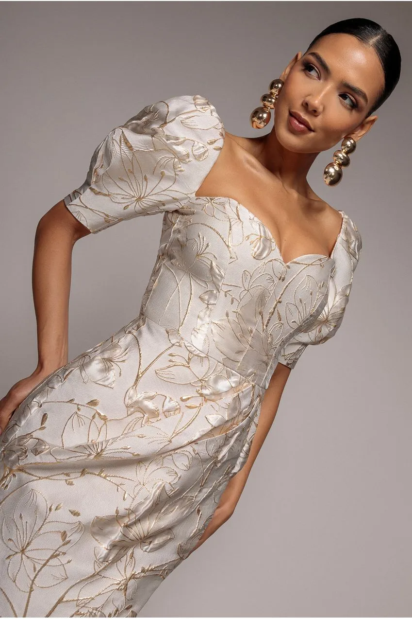 Goddiva Puff Sleeve Sweetheart DR4758 abito midi crema jacquard