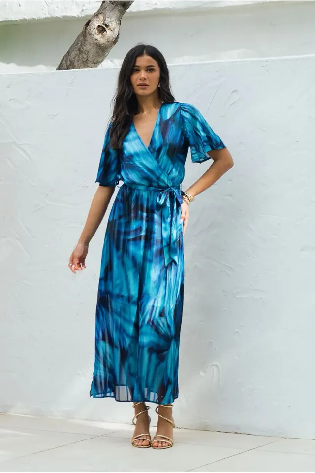 Gini London abito midi blu tie dye incrocio