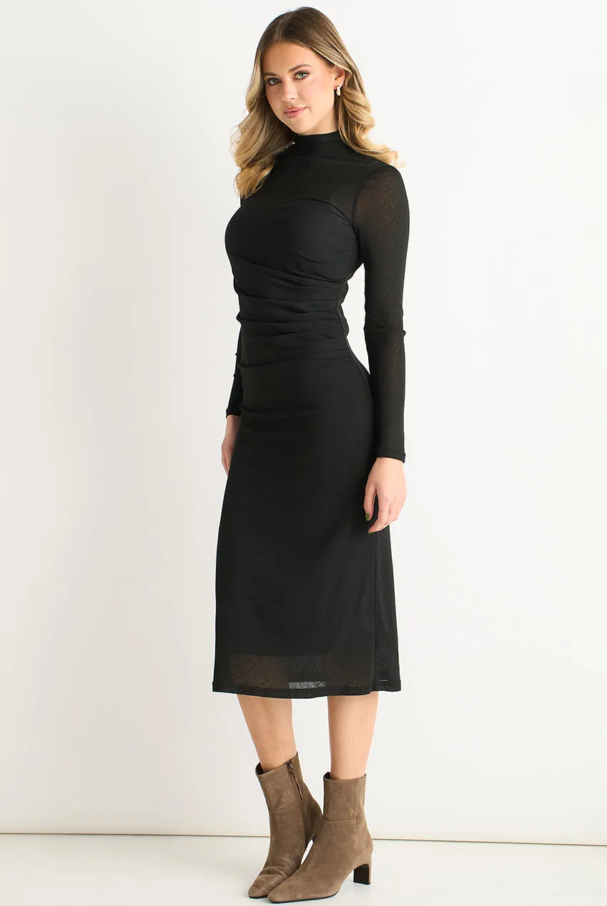 Gini London Ruched Abito midi jersey nero manica lunga