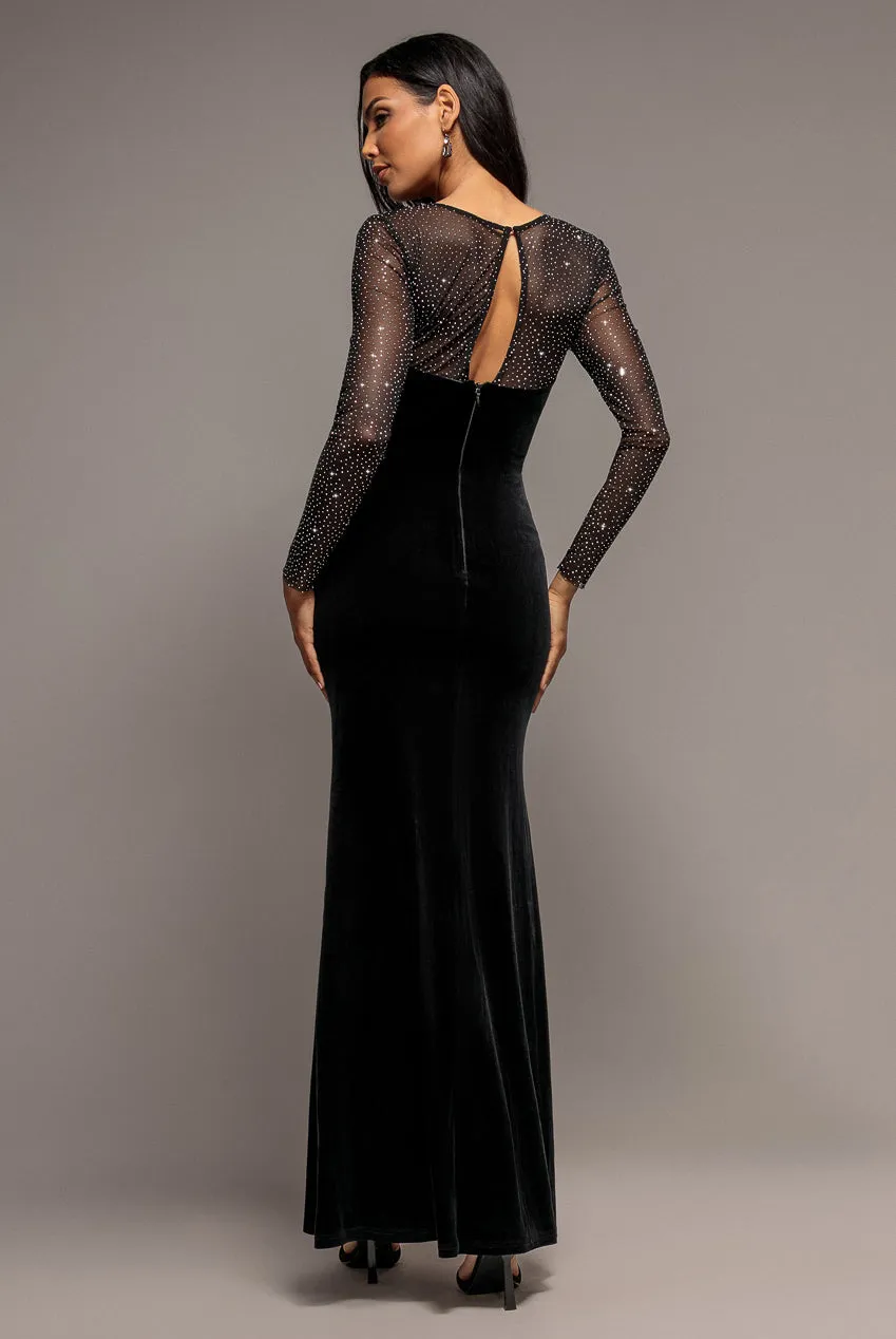 Goddiva Hotfix Diamante abito velluto nero spacco maniche strass