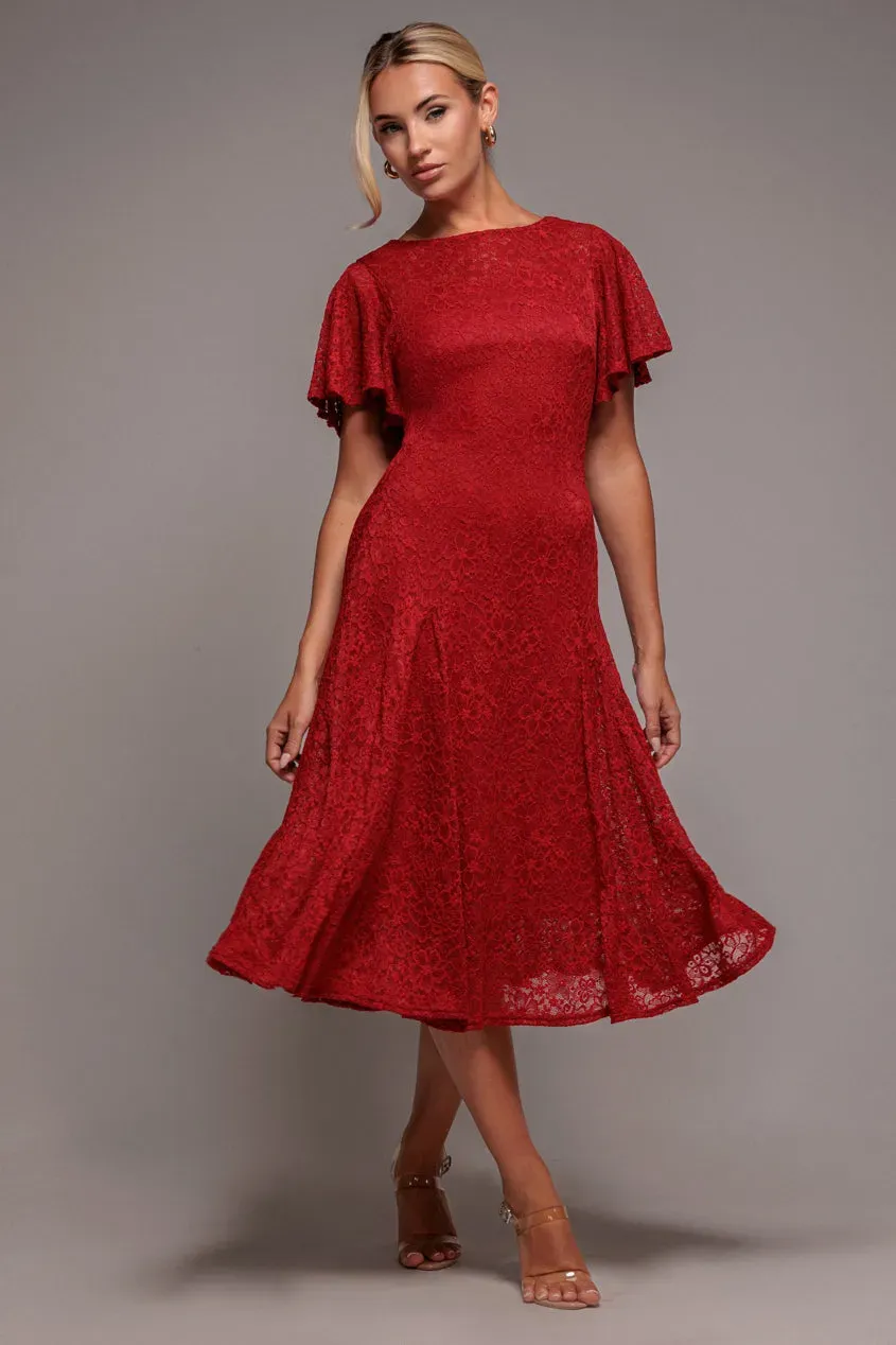 Goddiva DR4361 vestito midi rosso pizzo linea A maniche volant