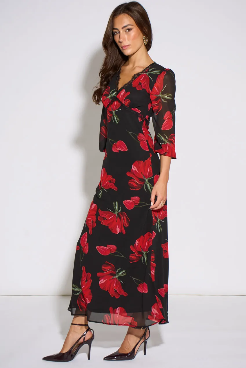 Gini London Bloom abito midi nero fiori rossi pizzo