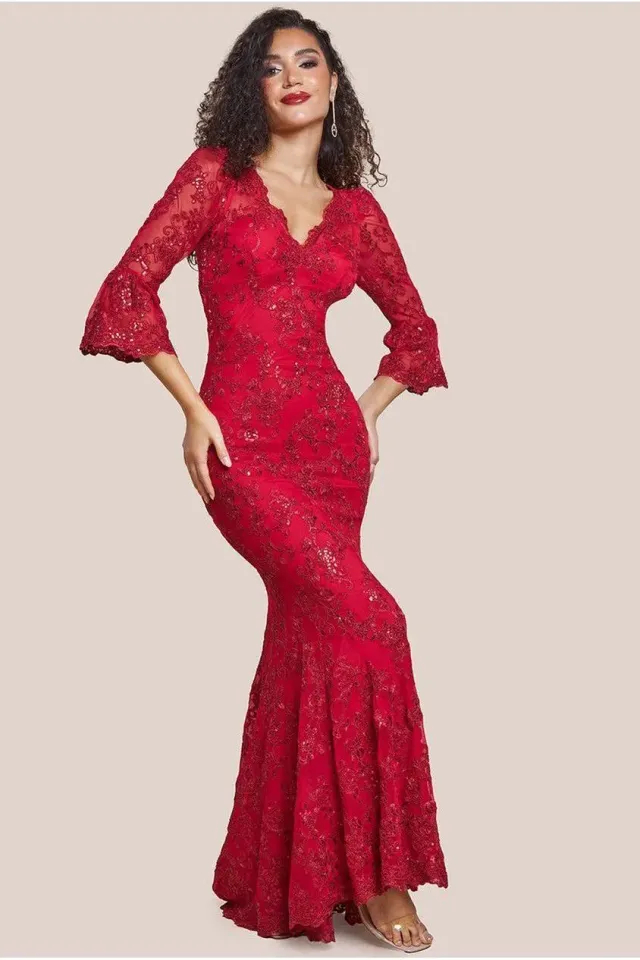 Goddiva Scalloped Lace abito maxi rosso in pizzo