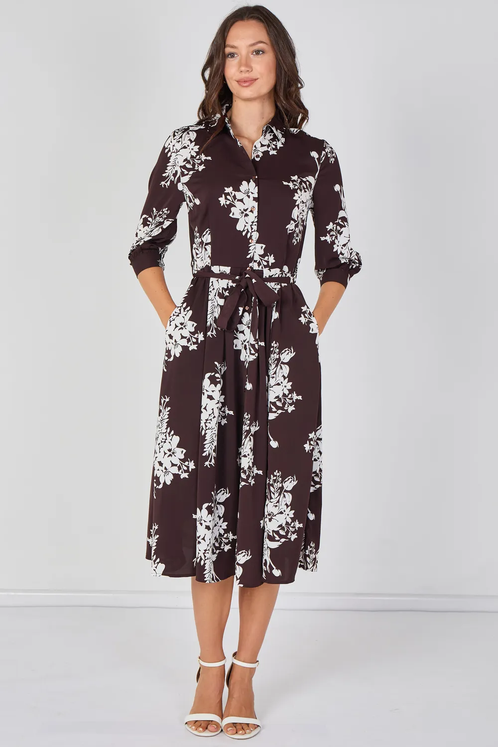 LOVE SUNSHINE Bouquet abito camicia midi marrone fiori