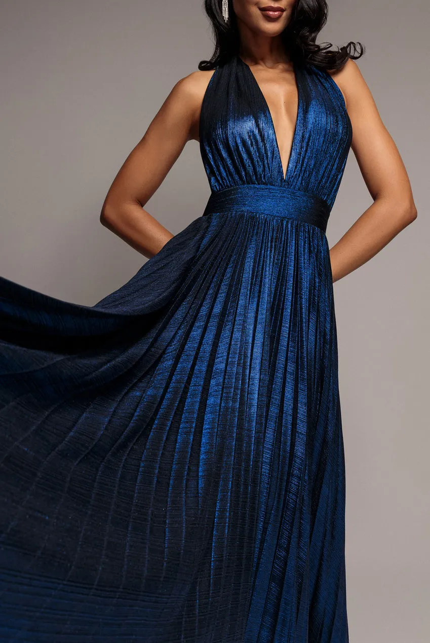 Goddiva Open Back Sunrise Foil Halterneck A Line abito maxi blu navy