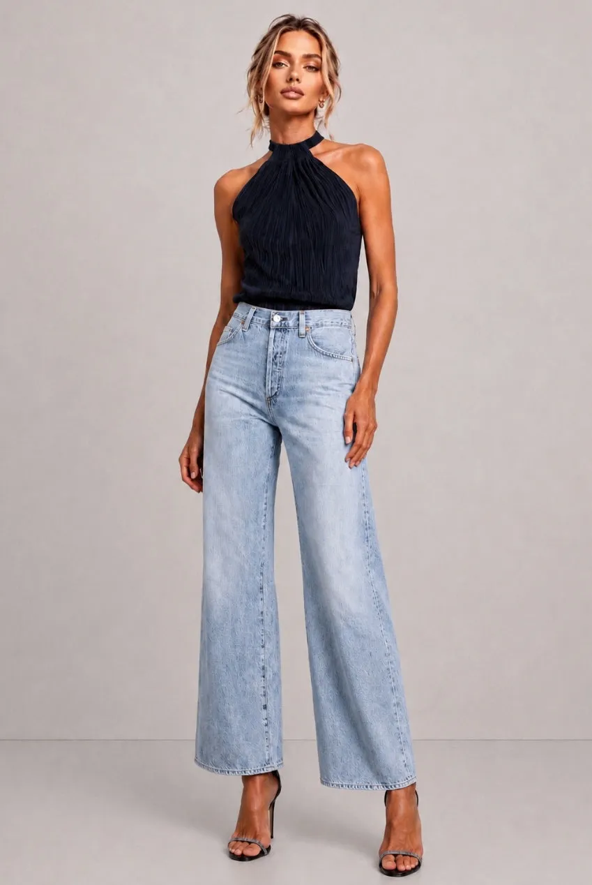 Honor Gold Milan Plisse top halterneck blu navy