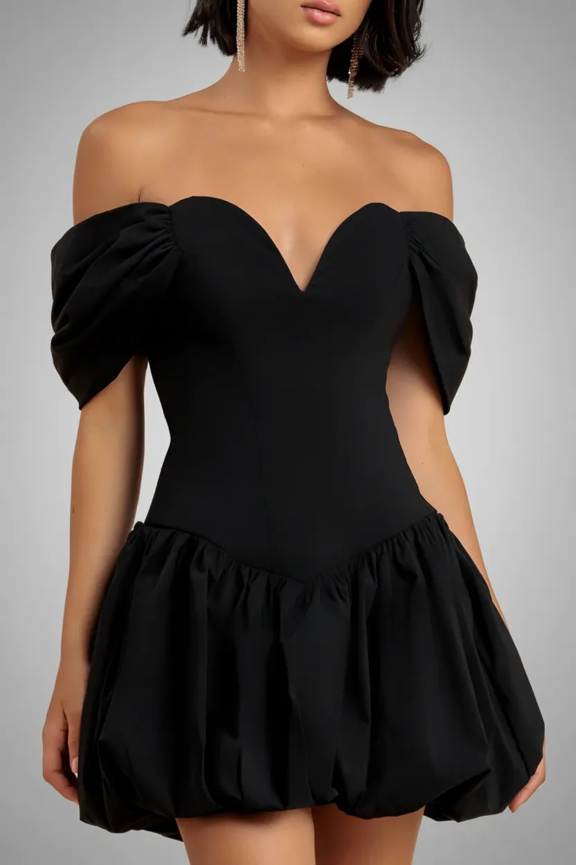 Goddiva Bardot Babydoll Corset abito mini nero scollo bardot