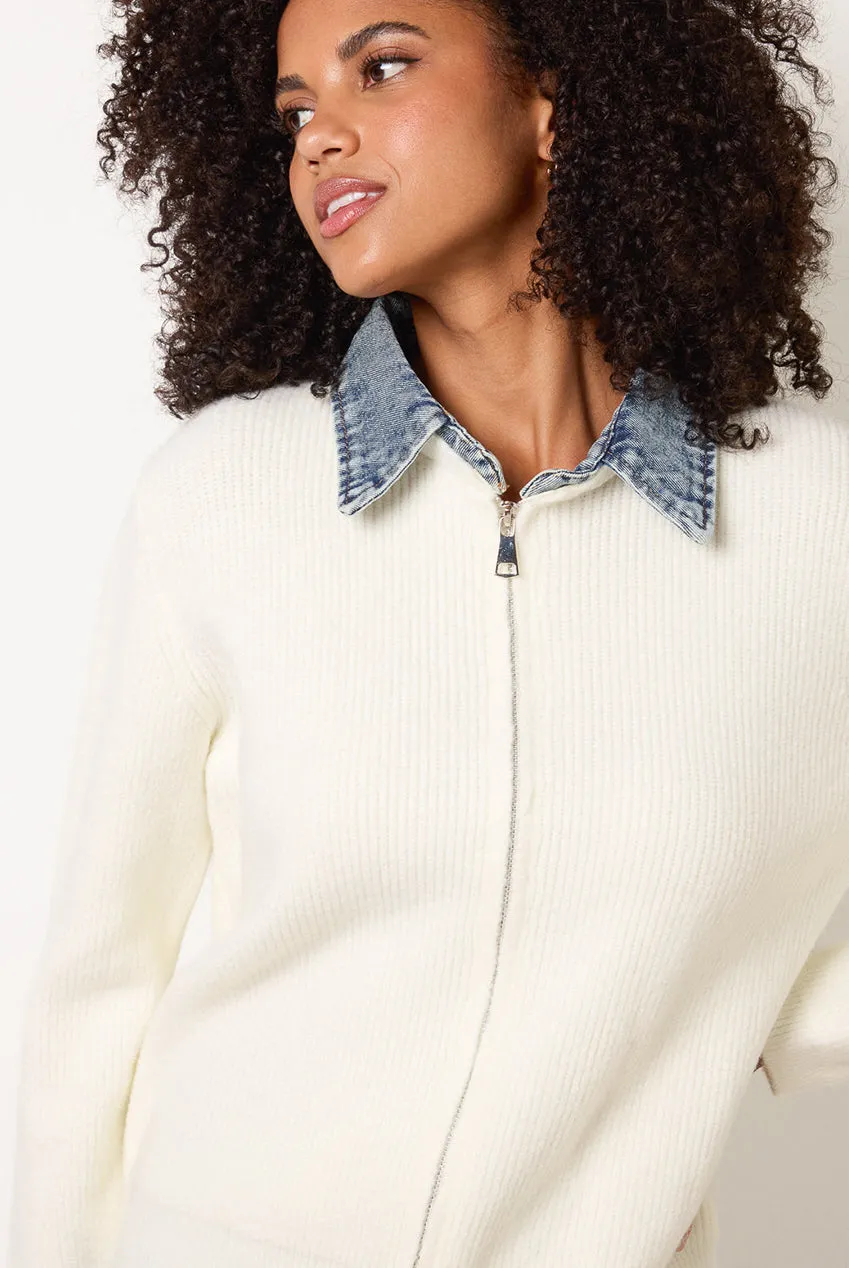Blue Vanilla Cardigan Maglia Avorio Collo Denim Manica Lunga