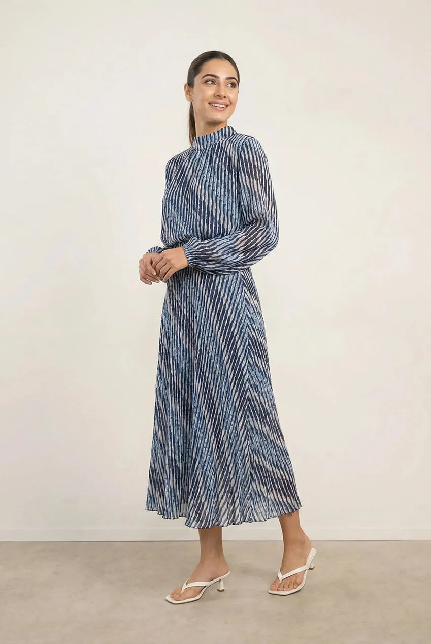 Blue Vanilla High Neck Bubble abito blu fantasia midi