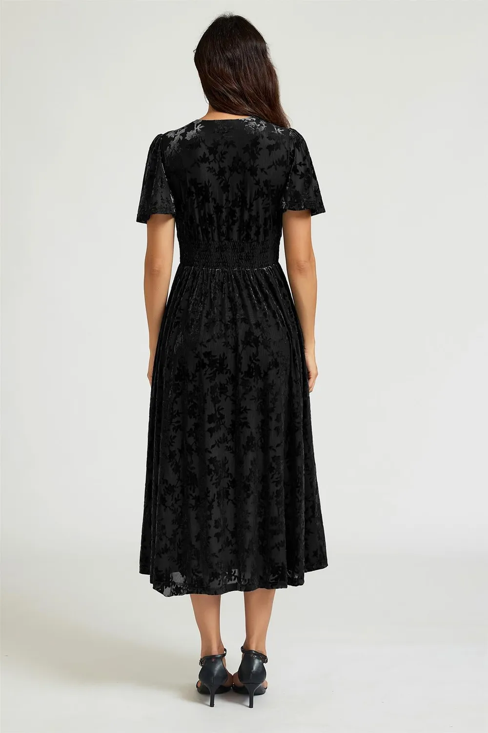 FS Collection Floral Velvet Devore V Neckline abito nero midi