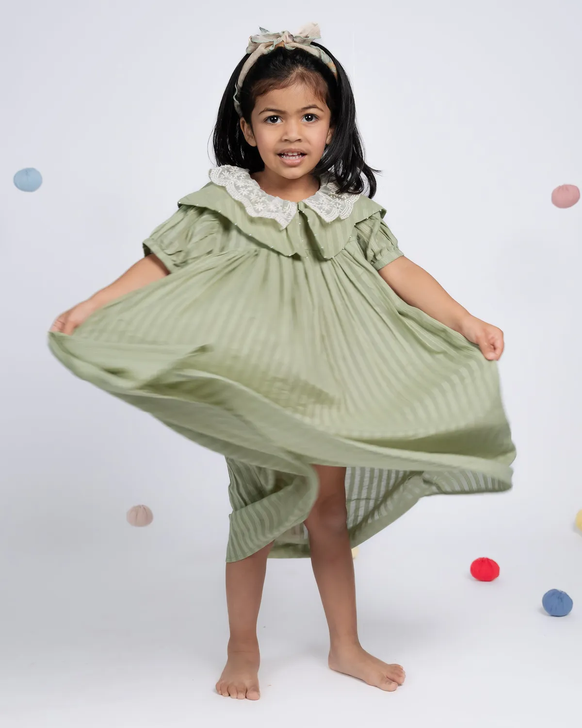 Our Dve Mini Dress abito bambina verde righe cotone