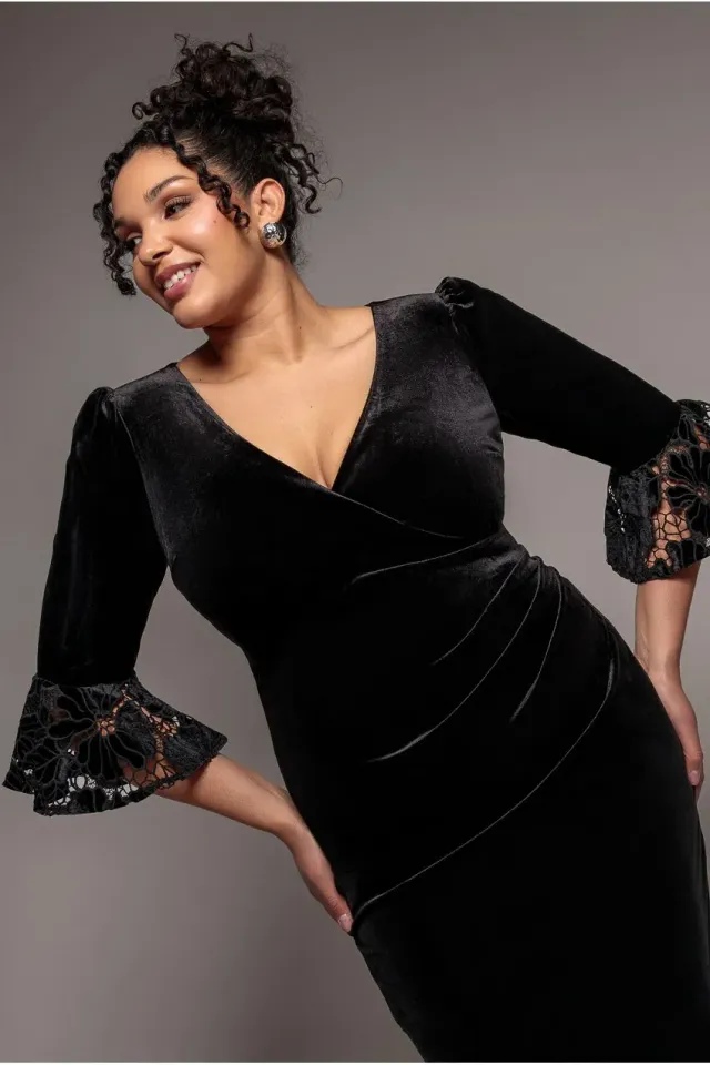 Goddiva Plus Abito Midi Velluto Nero Incrocio 22