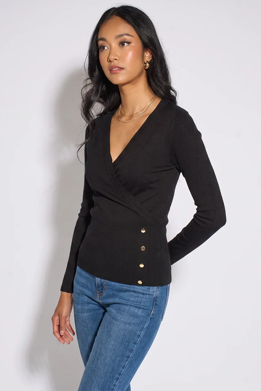 Gini London Wrap Front Gold Button Top Nero Maniche Lunghe