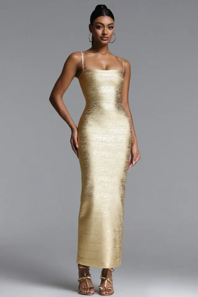 Bella Barnett Abito Maxi Oro Lionce Bandage Metallizzato S