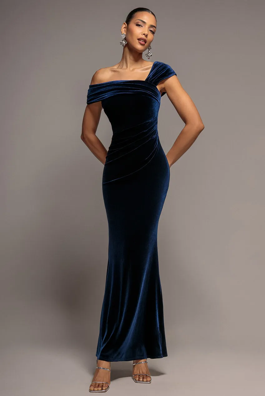 Goddiva One Shoulder Velvet Maxi abito velluto navy