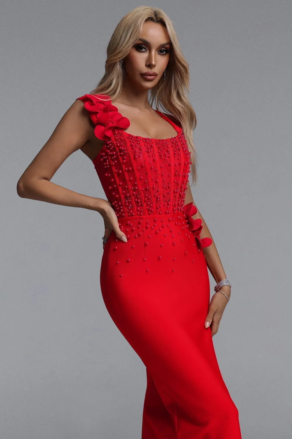 Goddiva Bella Barnett Oria abito maxi rosso scollo quadrato