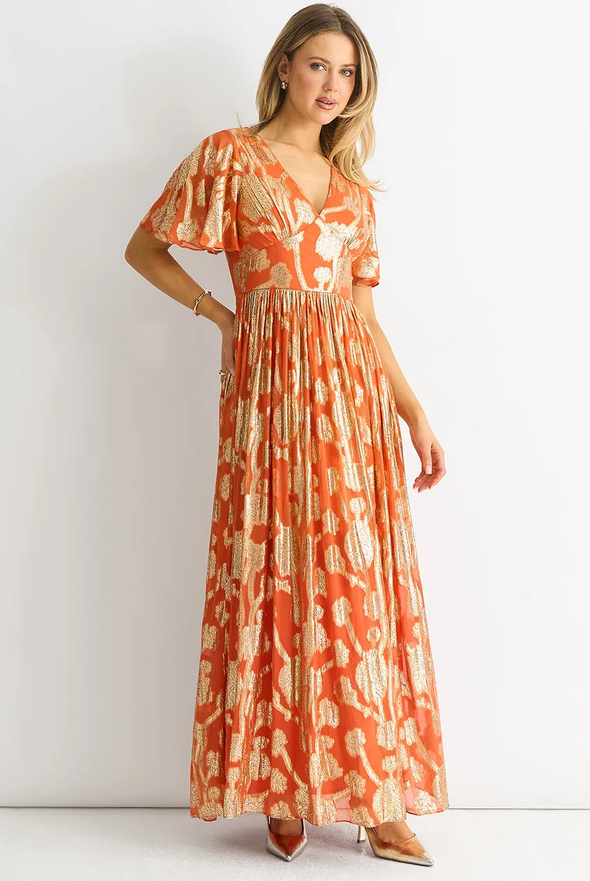 Gini London Metallic Jacquard abito maxi arancione floreale