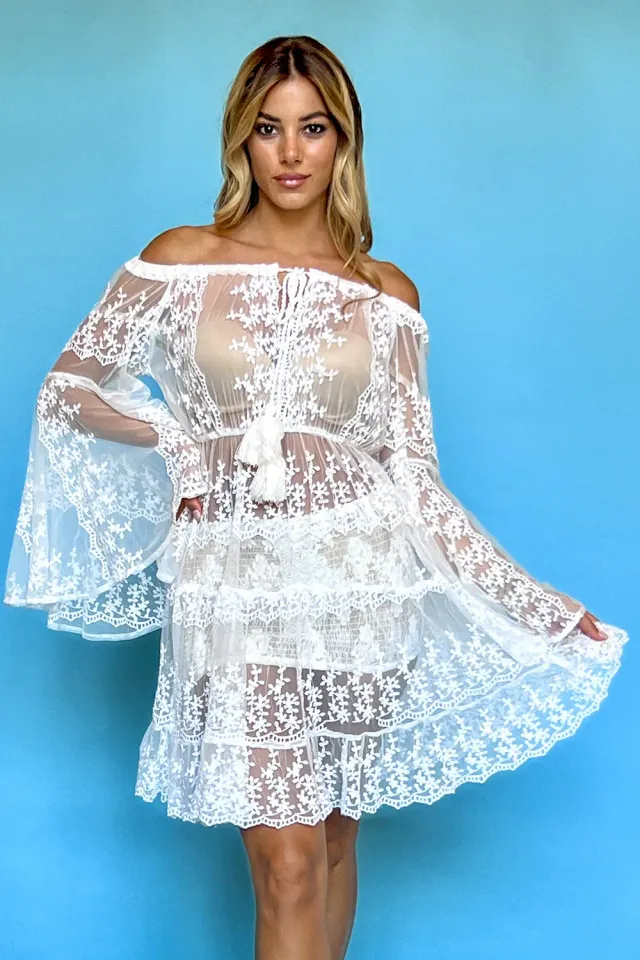 Antica Sartoria DV1442 abito corto spalle scoperte bianco cotone
