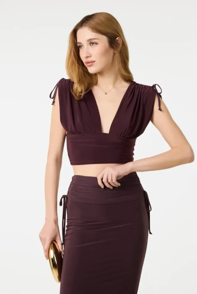 Pink Vanilla Ruched Shoulder top crop cioccolato monospalla