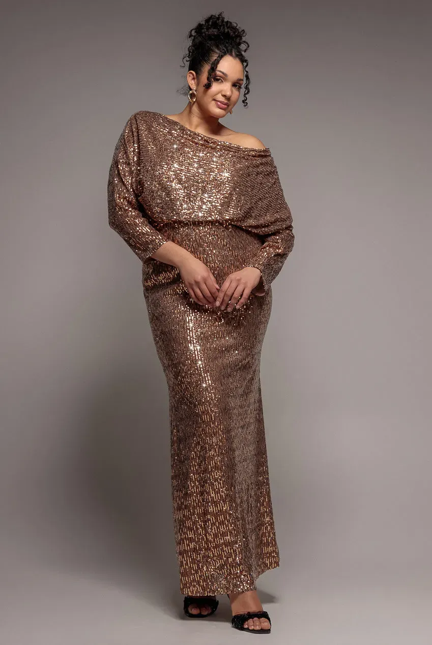 Goddiva Plus Sequin Cowl DR4051 abito maxi bronzo