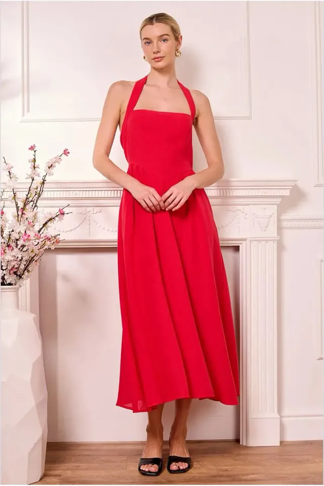 Angeleye halterneck abito midi rosso vita bassa