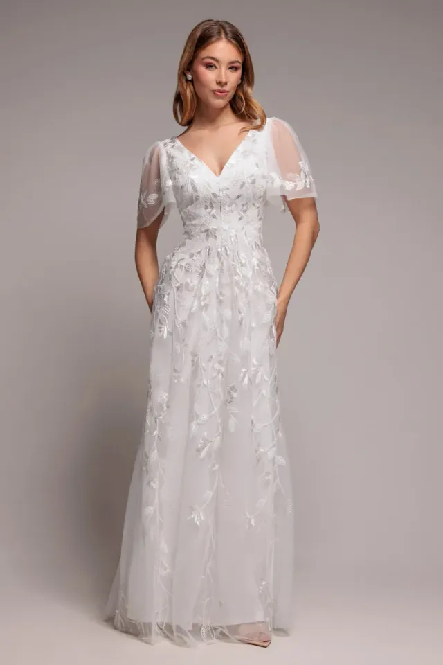 Goddiva Flared Sleeve Embroidered abito maxi bianco scollo a V