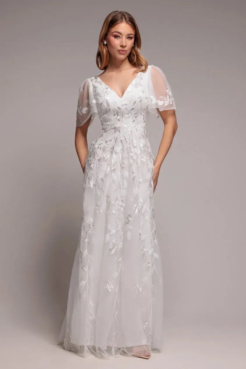 Goddiva Flared Sleeve Embroidered abito maxi bianco scollo a V