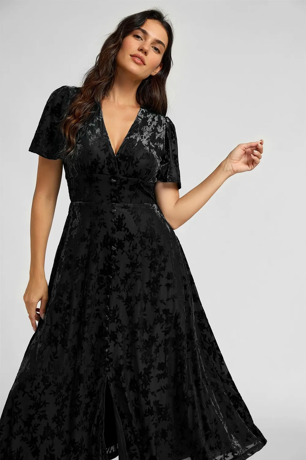 FS Collection Floral Velvet Devore V Neckline abito nero midi