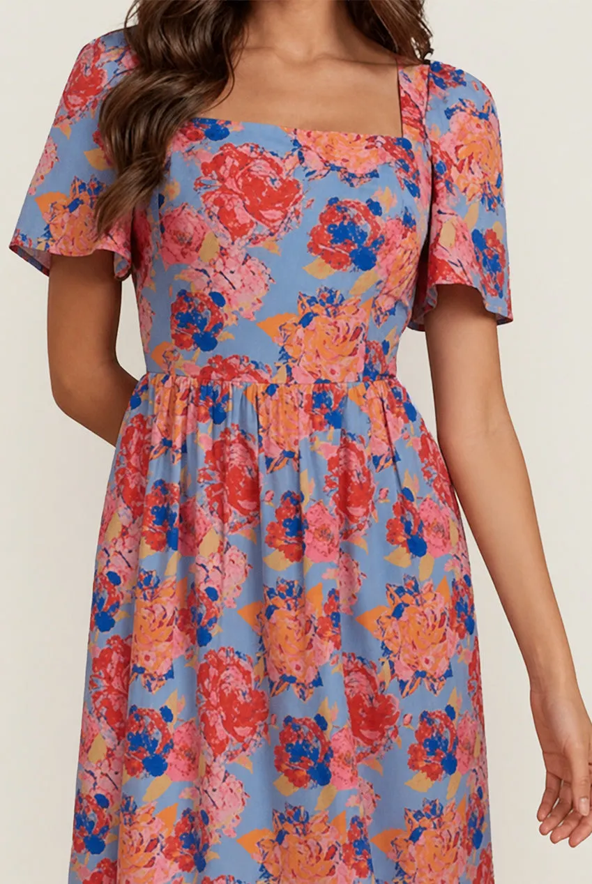 Chi Chi London Abito Midi Blu Floreale Scollo Quadrato