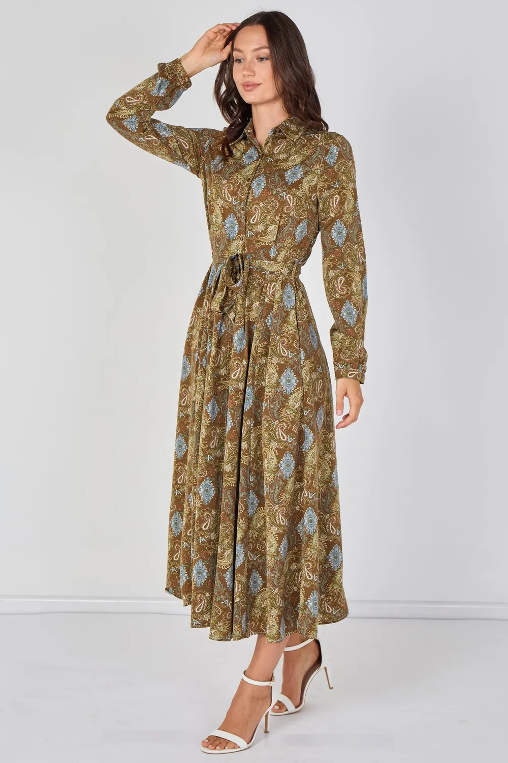 Love Sunshine Paisley Meadow camicia maxi kaki cintura fantasia